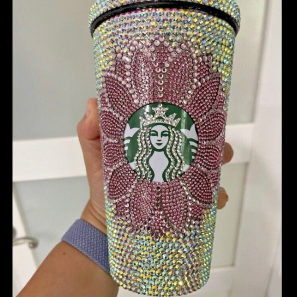 FLOWER SWAROVSKI CRYSTALS STUDDED STARBUCKS Crystals Cup, Bling Cup, Bedazzled …